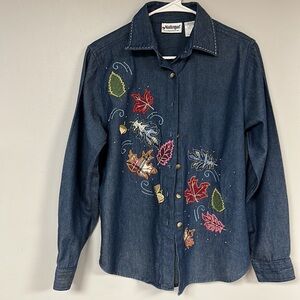 National Embroidered Denim Shirt, Size M, Fall Leaves pattern, 100% cotton